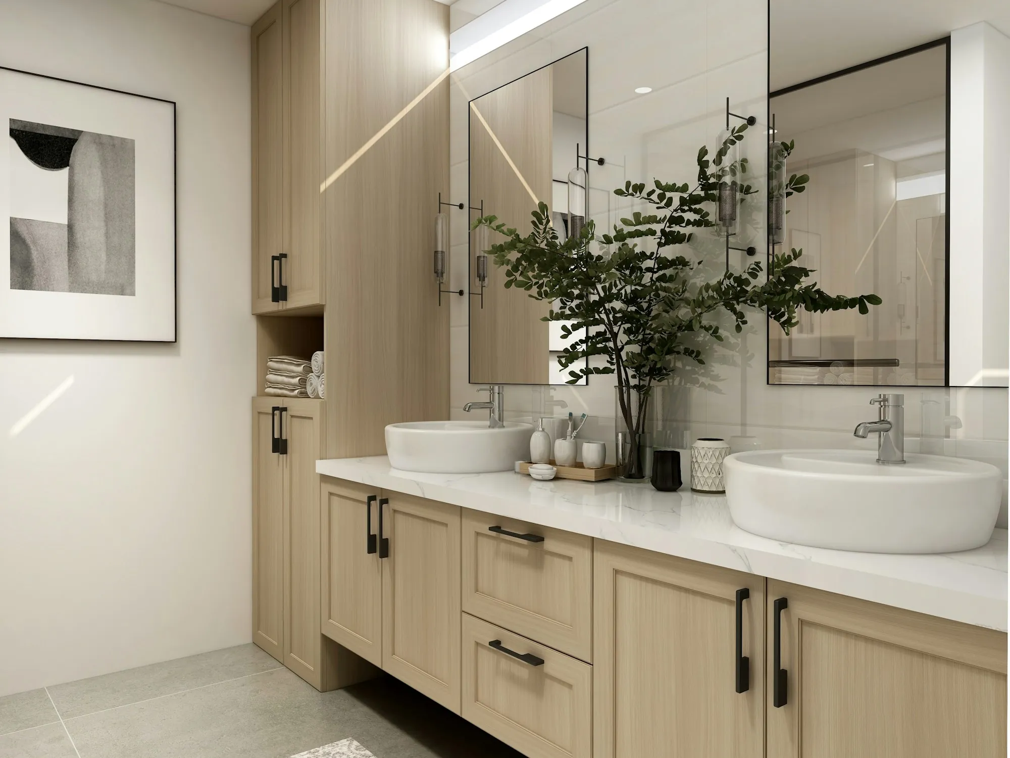 Remodeled bathroom with a wood vanity, twin sinks and round mirrors
